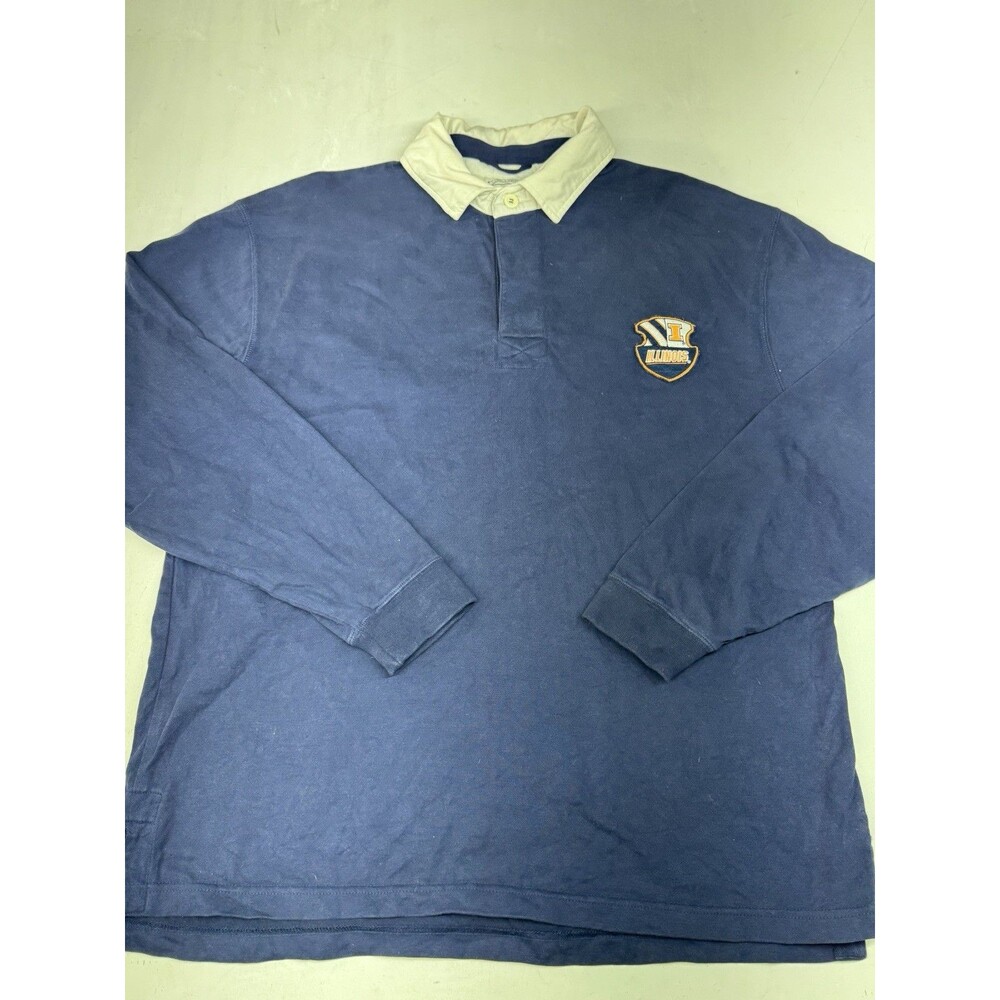 Vintage Campus Rugby Polo University Of Illinois Blue Crest Logo Mens L Y2K